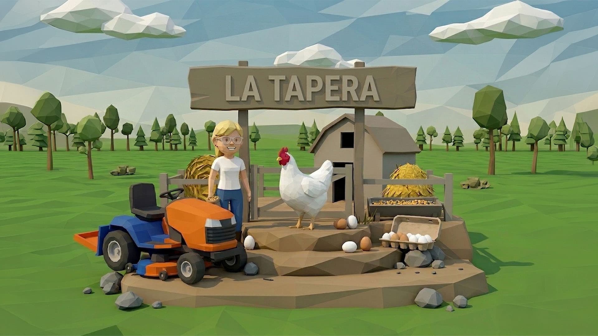 La Tapera — escena low-poly con tractor y gallina